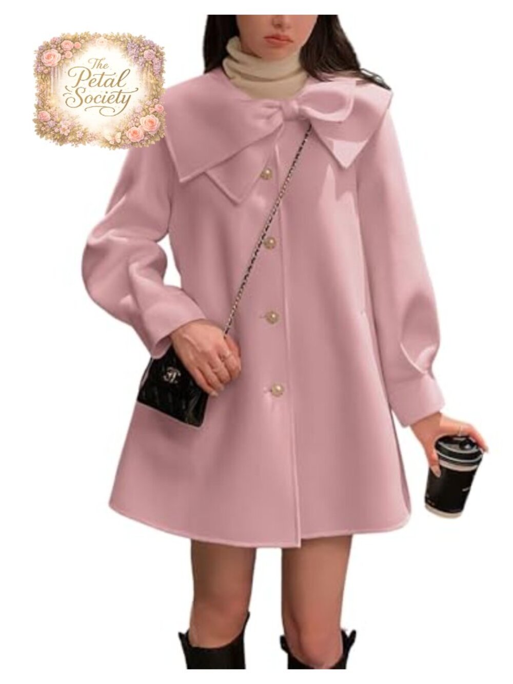 Women's Cute Bow Lapel Collar Wool Coat Single Breasted Wool Blend Pea Coat